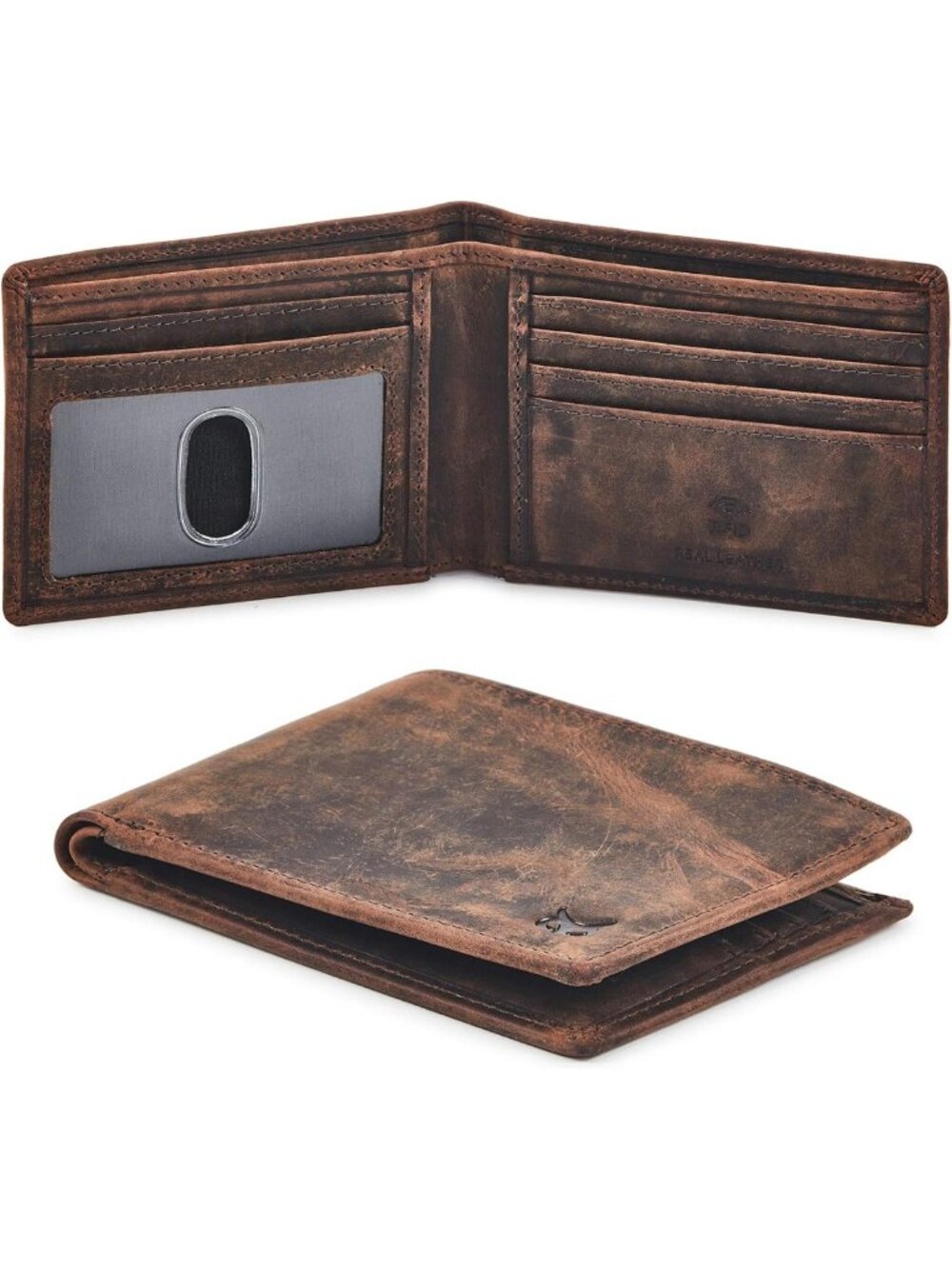 Slim Minimalist Real Leather Men's Bifold Wallet with RFID Blocking & ID Window